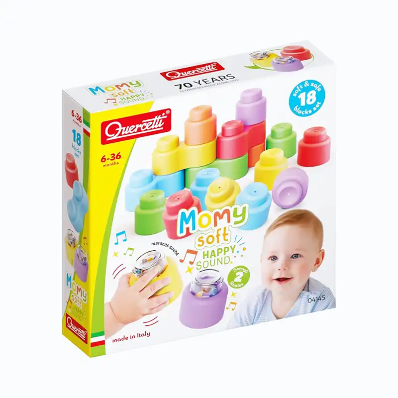 Quercetti MOMY Soft Happy Sounds – 18 Pièces | Blocs de Construction Souples avec Hochets | 6–36 mois