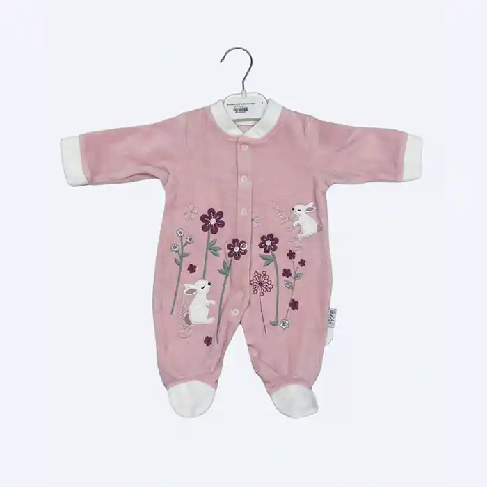 Grenouillère Bébé Velours "Lapins des Champs" – Douceur Rose & Motifs Fleuris