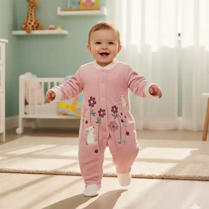 Grenouillère Bébé Velours "Lapins des Champs" – Douceur Rose & Motifs Fleuris