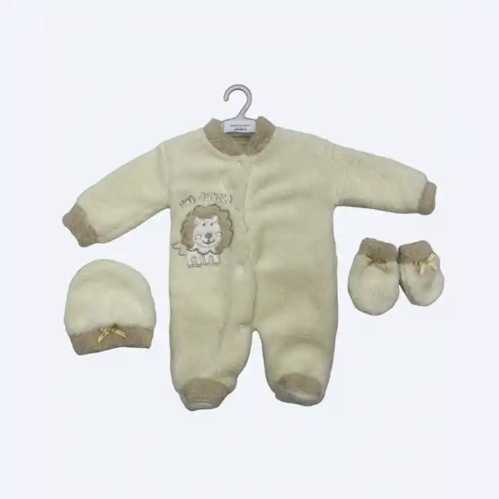 Ensemble Naissance Bébé Douillet Polaire 3 Pièces | Barboteuse Lion Brodé | Crème & Beige