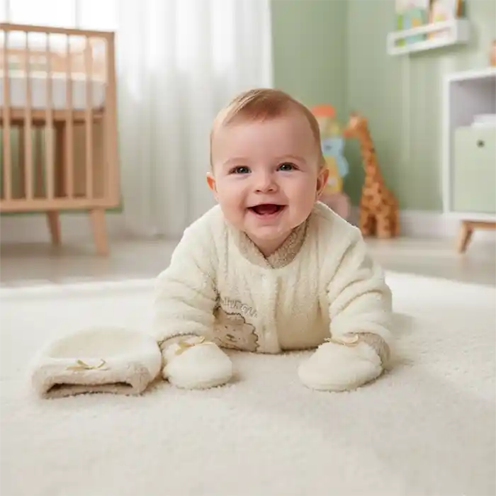 Ensemble Naissance Bébé Douillet Polaire 3 Pièces | Barboteuse Lion Brodé | Crème & Beige