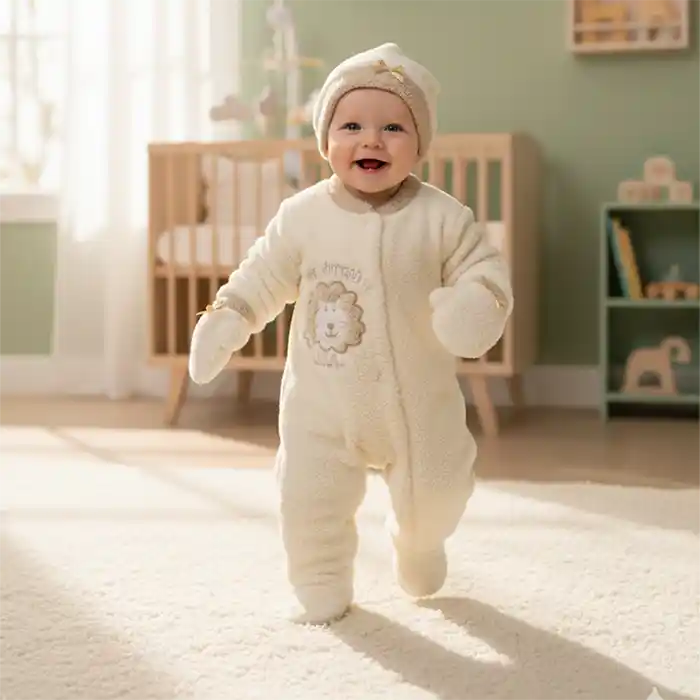 Ensemble Naissance Bébé Douillet Polaire 3 Pièces | Barboteuse Lion Brodé | Crème & Beige