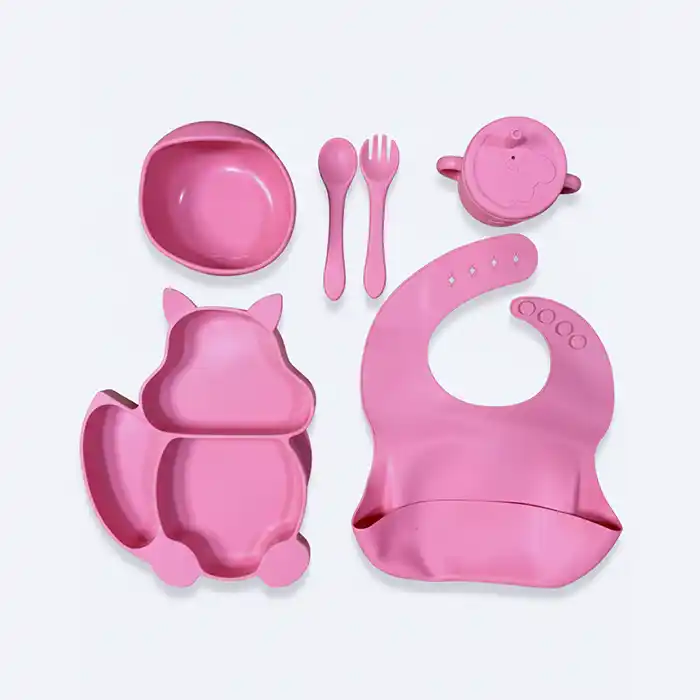 Kit Repas Bébé Silicone 6-en-1 Rose | Bavoir + Assiette 
