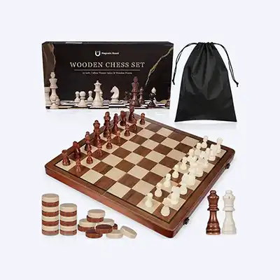 Jeu d’échecs et de dames magnétique 2-en-1 en bois – Échiquier pliable de 38 cm avec compartiments intégrés pour ranger les pièces. 
