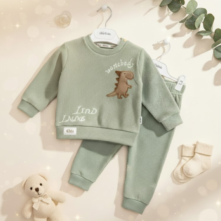 Ensemble bébé coton vert avec motif dinosaure – Ultra doux & confortable