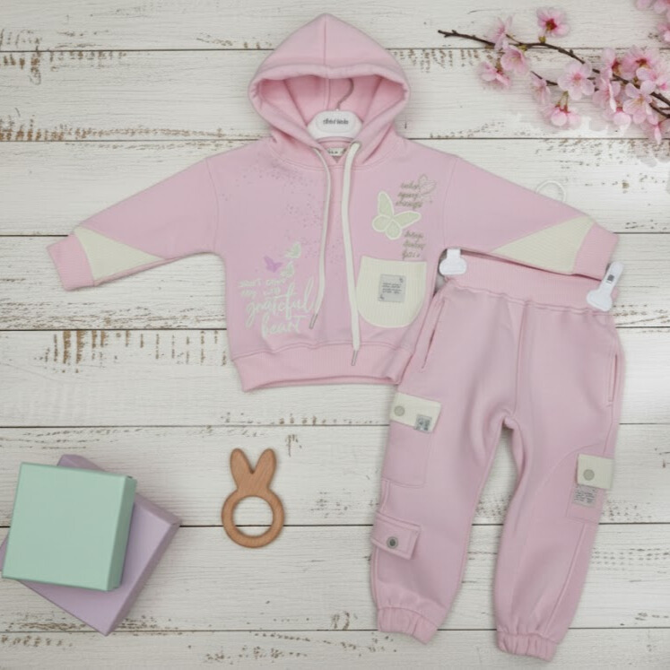 Ensemble Survêtement Bébé Fille Coton Doux Rose Pâle et Écru