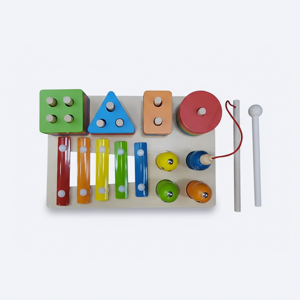 Jeu Éducatif 3-en-1 Bois : Formes, Xylophone & Pêche