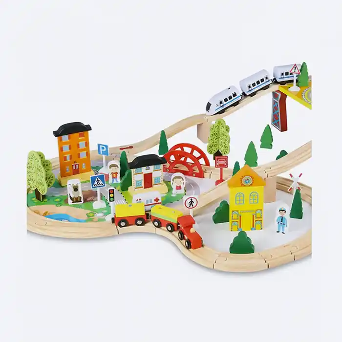 Circuit de train en bois 78 pièces - Jouet éducatif naturel 3+