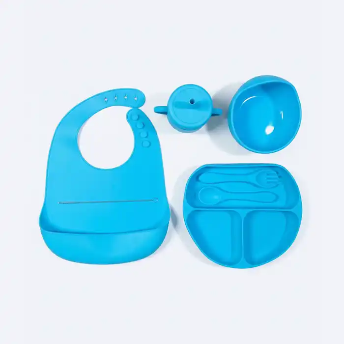 Kit Repas Bébé Silicone 5-en-1 | Bavoir + Assiette + Bol + Tasse