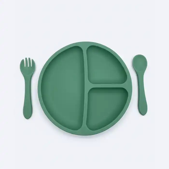 Assiette Compartimentée Bébé Silicone + Couverts Sûrs